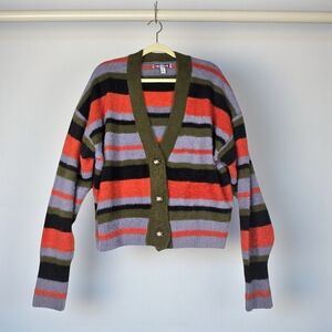 Urban Outfitters Fuzzy Stripe Cardigan Boyfriend Sweater Oversize Crop Size M